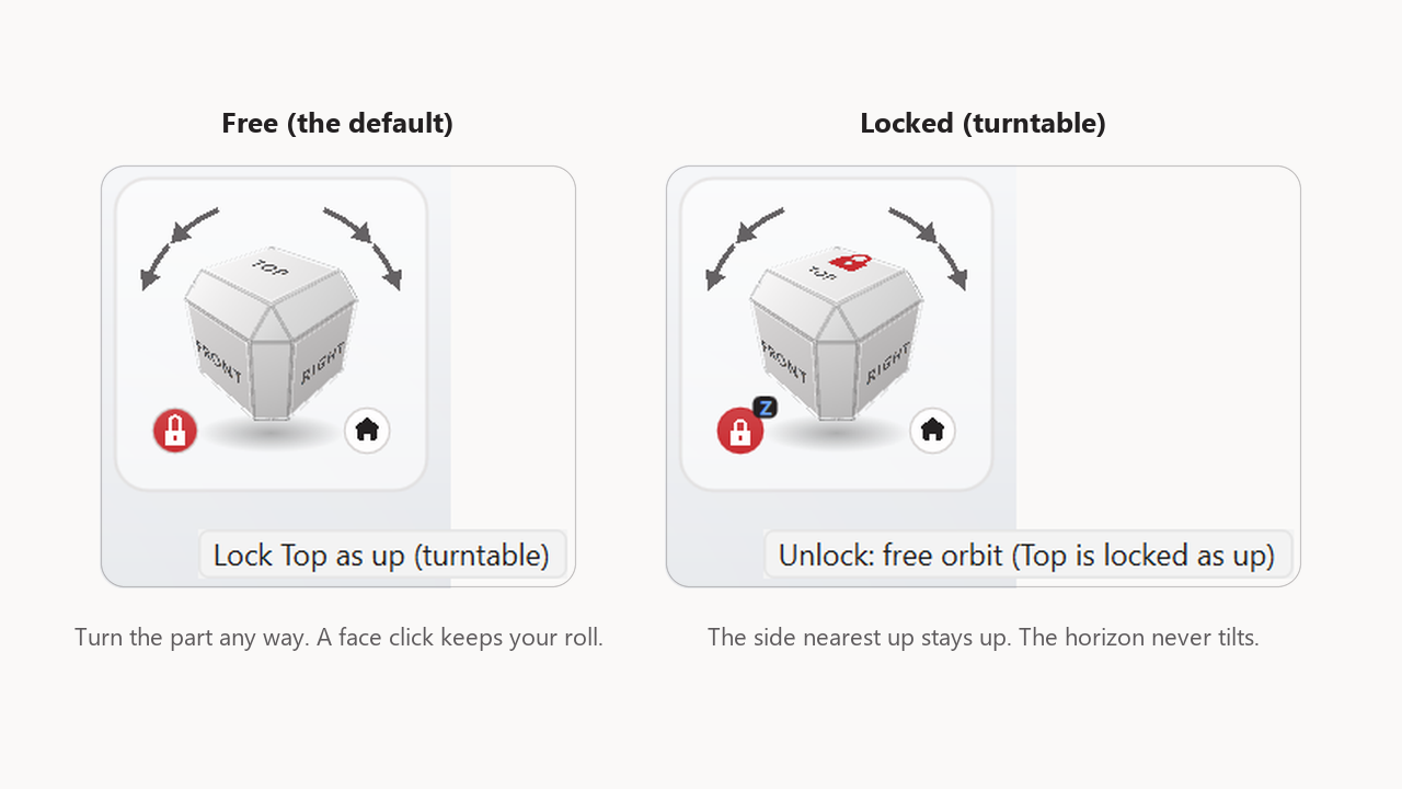Two views of the cube. Free: the Lock tooltip reads Lock Top as up (turntable). Locked: a red padlock on the Top face, a Z on the Lock chip, and the tooltip Unlock: free orbit (Top is locked as up).